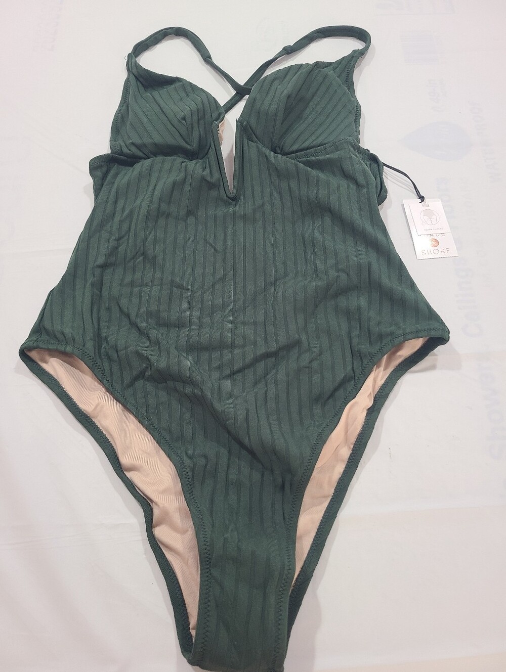 Women's Ribbed Plunge Front V-Wire One Piece Swimsuit Shade & Shore Dark Green M